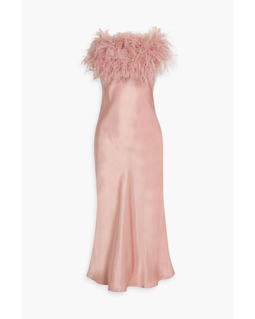 Sleeper Pink Boheme Feather-trimmed Satin Midi Slip Dress