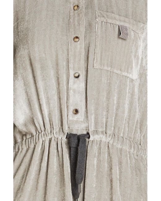 Brunello Cucinelli Gray Bead-embellished Corduroy Shirt Dress