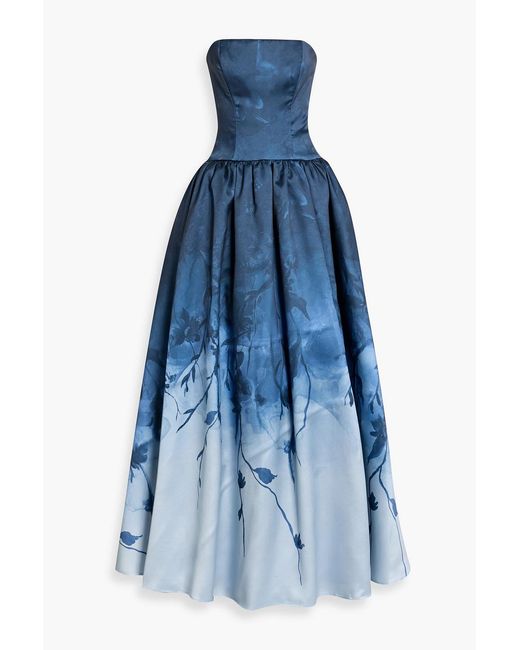 Marchesa Blue Strapless Printed Mikado Gown