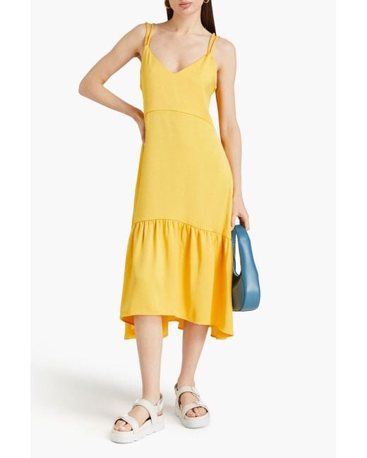 Claudie Pierlot Gathered Satin Midi Dress in Yellow Lyst UK