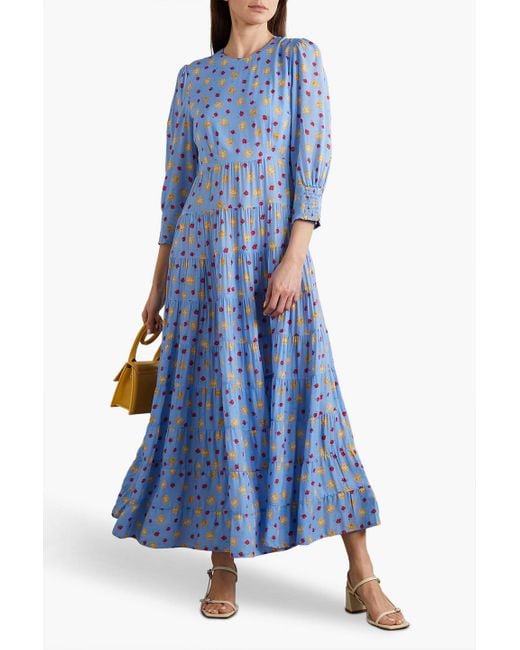 Rixo Blue Kristen Tiered Printed Voile Maxi Dress