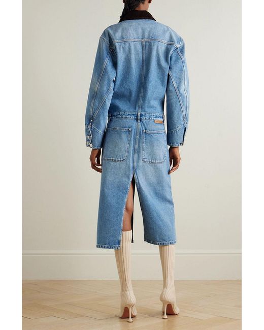 Stella McCartney Blue Corduroy-Trimmed Denim Midi Dress