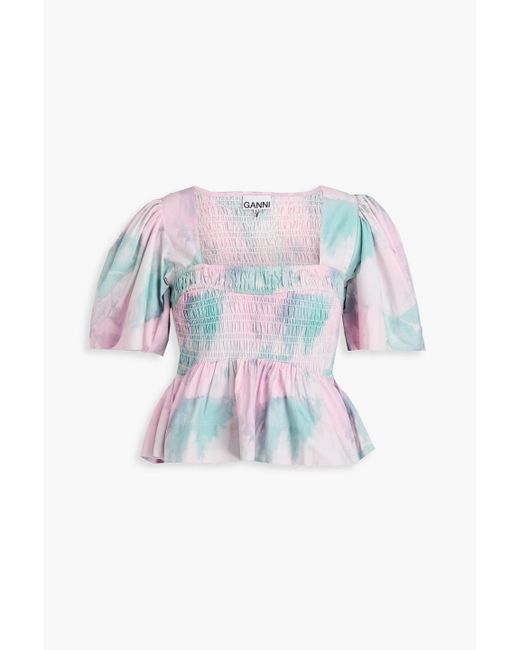 Ganni White Smocked Printed Cotton-Poplin Peplum Top