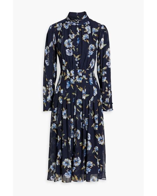 Mikael Aghal Blue Pleated Floral-Print Jacquard Midi Dress