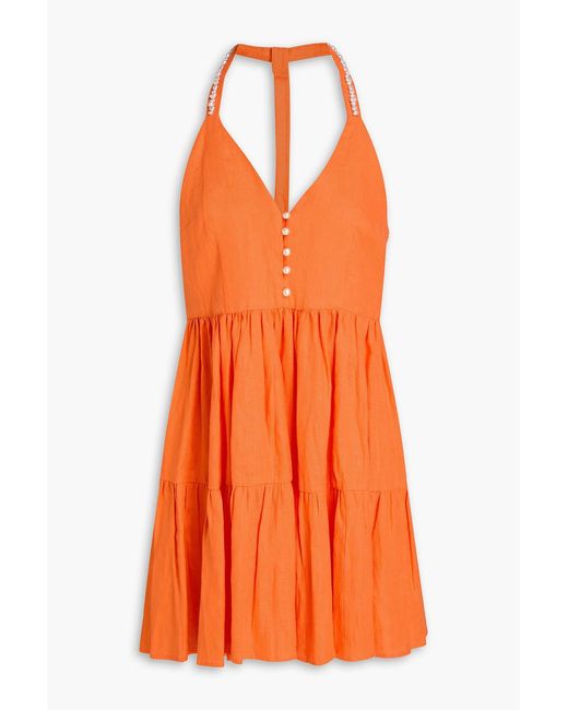 Maje Orange Tiered Linen Mini Dress