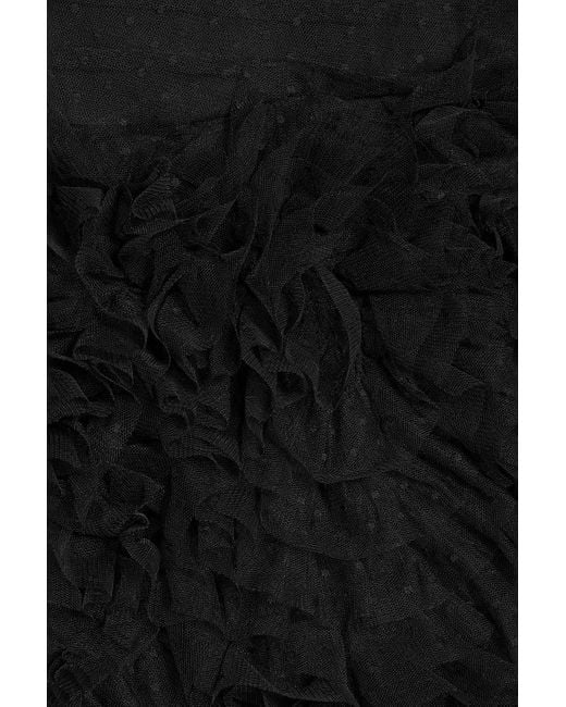 Marchesa Black Schulterfreies midikleid aus tüll mit eingewebten punkten und rüschen
