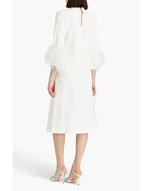 16Arlington White Fujiko Feather-trimmed Crepe Midi Dress