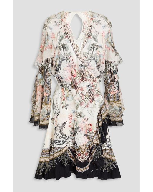 Camilla White Embellished Ruffled Floral-print Silk Crepe De Chine Mini Wrap Dress