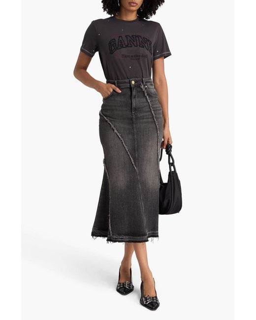 Ganni Black Frayed Denim Midi Skirt