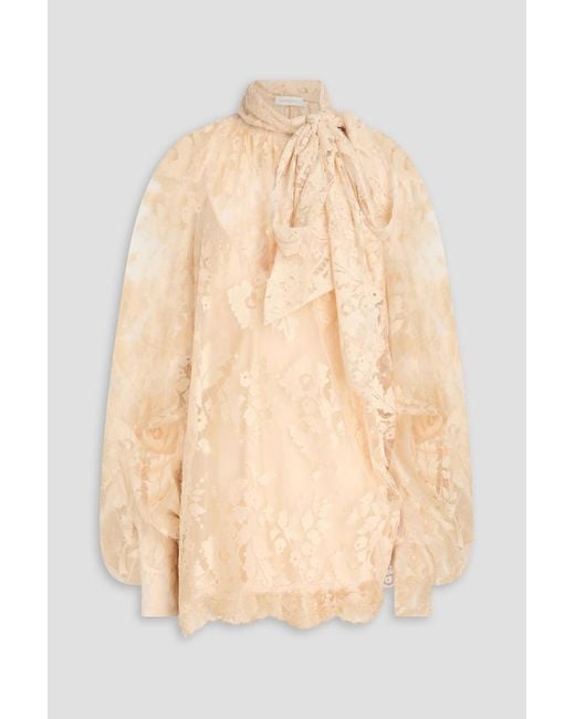 Zimmermann Natural Pussy-bow Cotton-blend Corded Lace Blouse