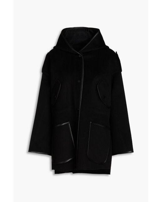 Maje Black Faux Leather-trimmed Felt Hooded Jacket