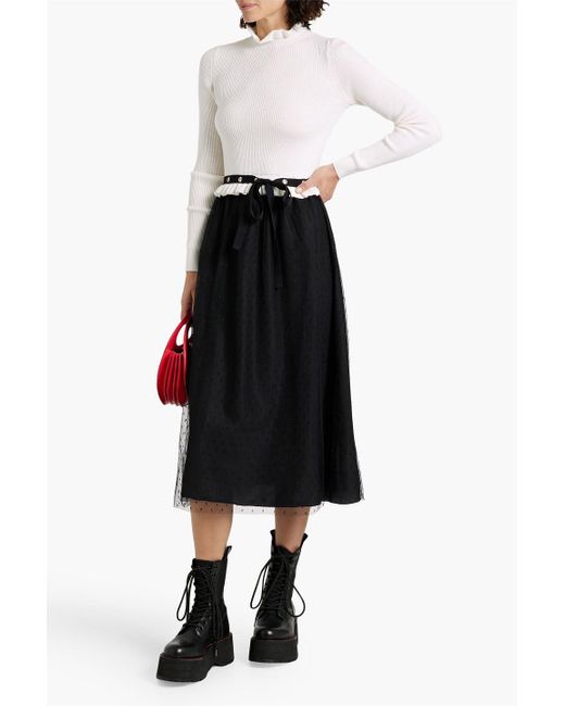 RED Valentino Black Ruffled Ribbed Wool And Point D'esprit Midi Dress