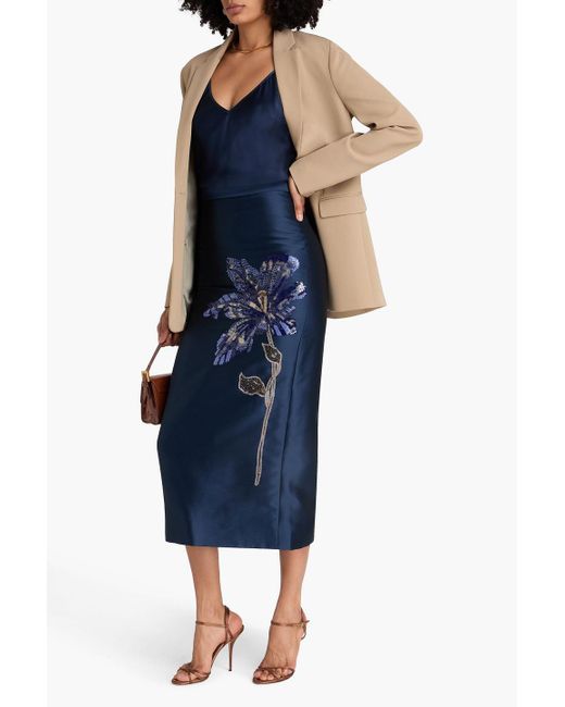 Erdem Blue Sequin-Embellished Mikado Midi Pencil Skirt