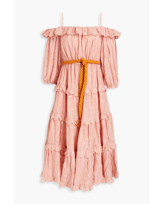 Zimmermann Pink Mae Cold-shoulder Tiered Ramie Midi Dress