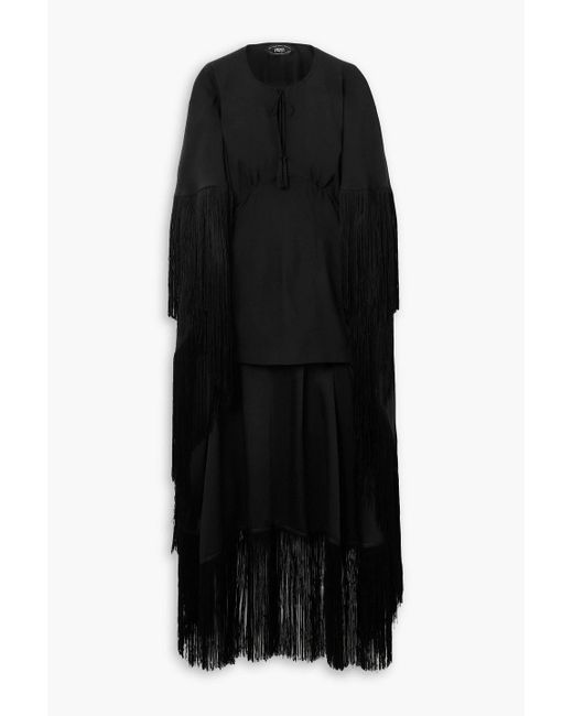 ‎Taller Marmo Black 1970s Cape-effect Fringed Crepe Mini Dress