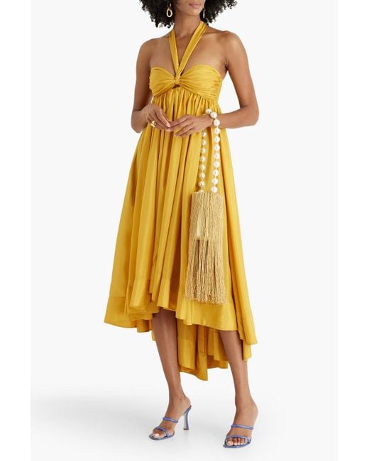 Zimmermann Yellow Asymmetric Gathered Silk-voile Halterneck Midi Dress