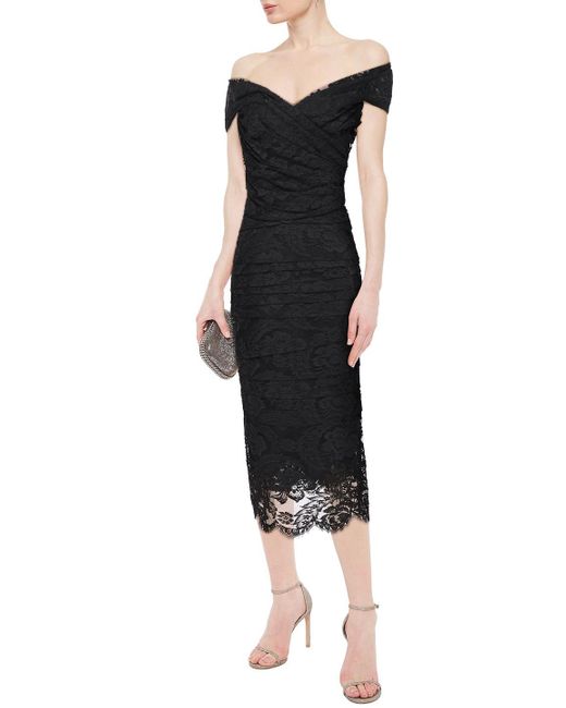 Dolce & Gabbana Black Off-the-shoulder Pleated Lace Midi Dress