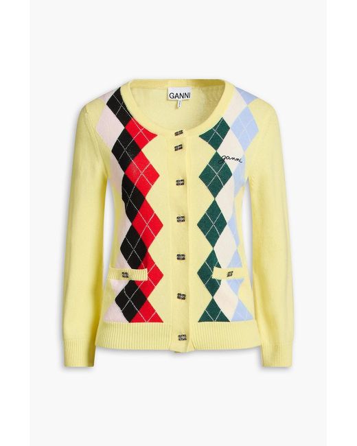Ganni Yellow Argyle Wool And Cashmere-blend Cardigan