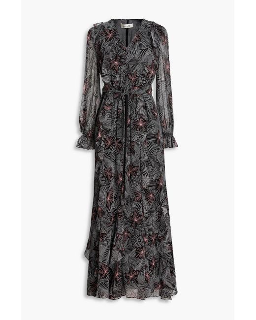 Diane von Furstenberg Black Gilligan Ruffled Printed Chiffon Maxi Dress