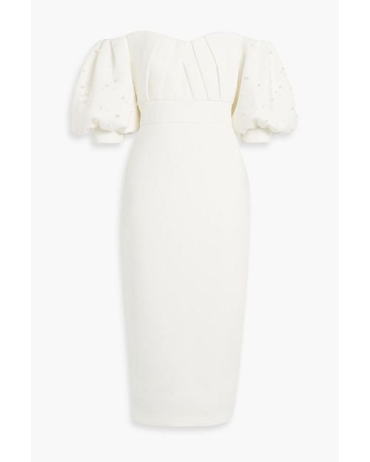 Badgley Mischka White Off-the-shoulder Embellished Scuba Midi Dress