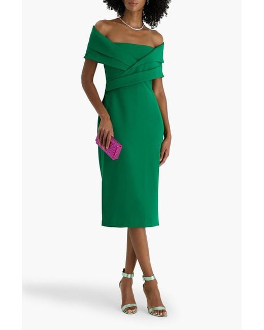 princess polly baby blue dress Badgley Mischka Off-The-Shoulder Draped Crepe Midi Dress in Green