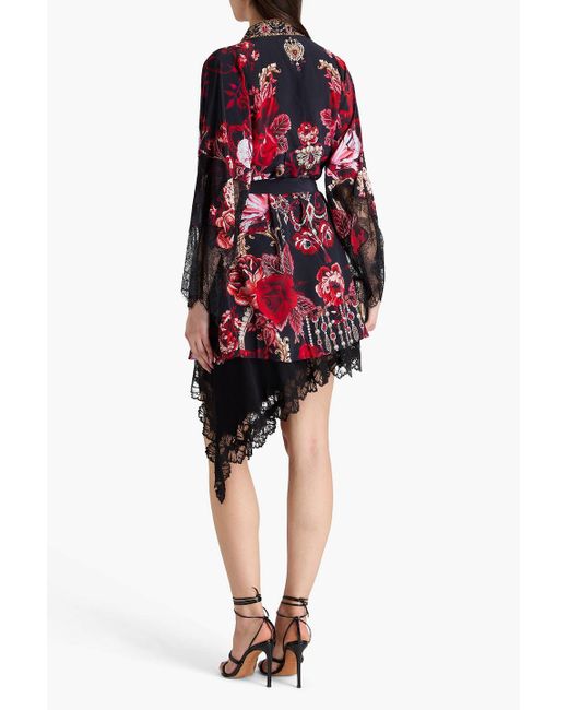 Camilla Red Crystal-Embellished Lace-Trimmed Floral-Print Silk Crepe De Chine Coverup