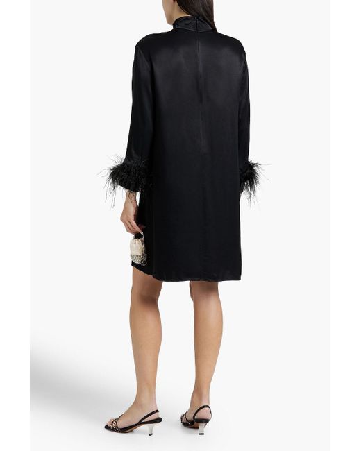 Sleeper Black Party Feather-trimmed Satin Mini Dress