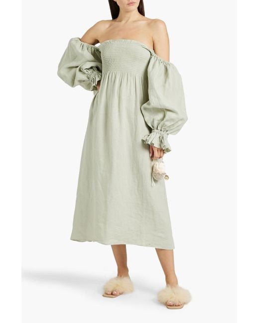 Sleeper White Atlanta Off-the-shoulder Shirred Linen Midi Dress