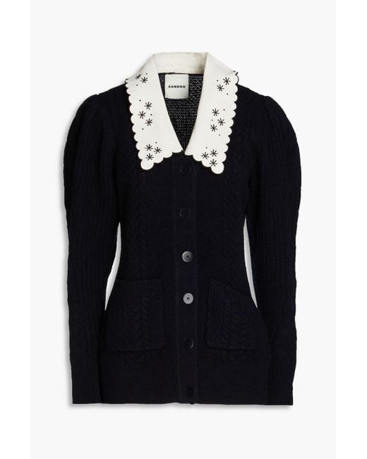Sandro Black Crepe De Chine-trimmed Cable-knit Wool Cardigan