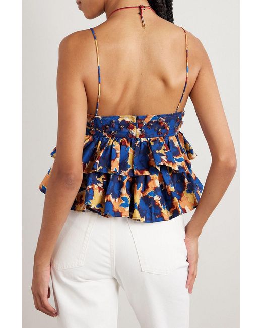 Ulla Johnson Blue Lucia Ruffled Embellished Printed Cotton-Poplin Top