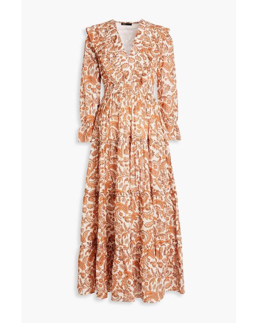 Maje Orange Shirred Paisley-print Cotton Maxi Dress