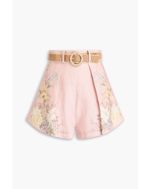 Zimmermann Pink Belted Floral-Print Linen Shorts