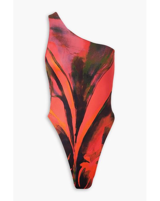 Louisa Ballou Red Plunge asymmetrischer badeanzug mit print