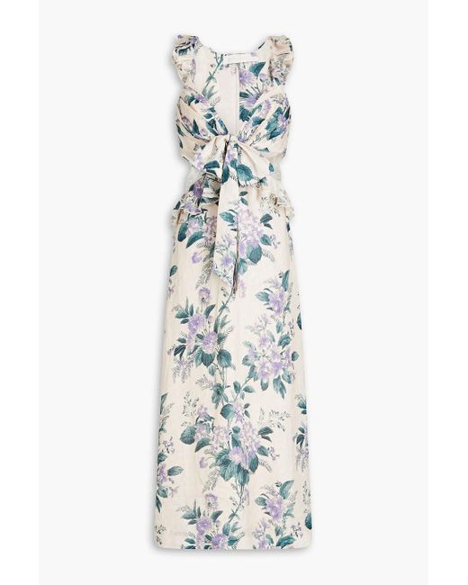 Zimmermann White Cassia Ruffled Floral-print Linen Midi Dress