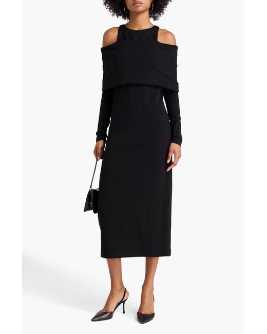 Brunello Cucinelli Black Midikleid aus jersey aus einer wollmischung mit cut-outs und zierperlen