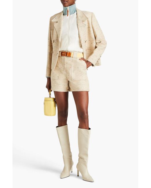 Tory Burch Natural Belted Donegal Twill Shorts