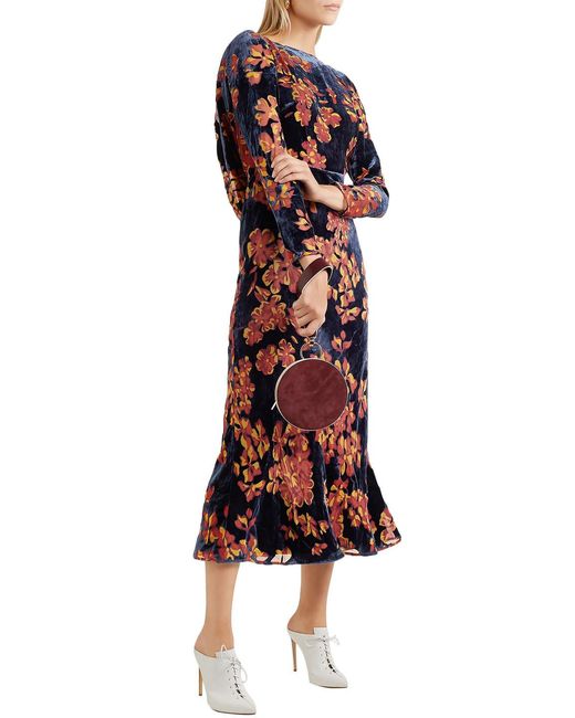 Saloni Red Floral-print Velvet Midi Dress