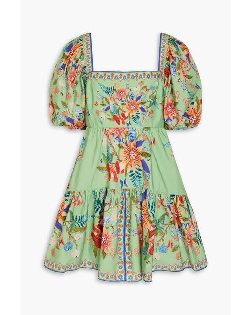 Farm Rio Green Floral-print Cotton-poplin Mini Dress
