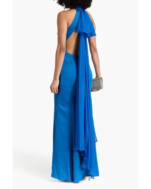 Halston Heritage Blue Speranza Draped Chiffon And Satin Gown