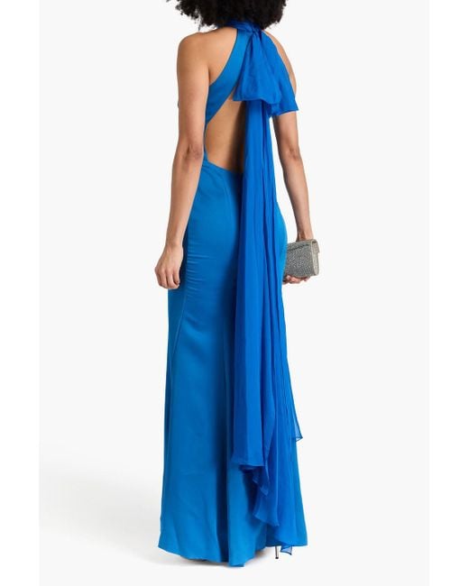 Halston Heritage Blue Speranza Draped Chiffon And Satin Gown