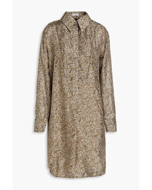 Brunello Cucinelli Natural Paisley-print Silk-satin Mini Shirt Dress