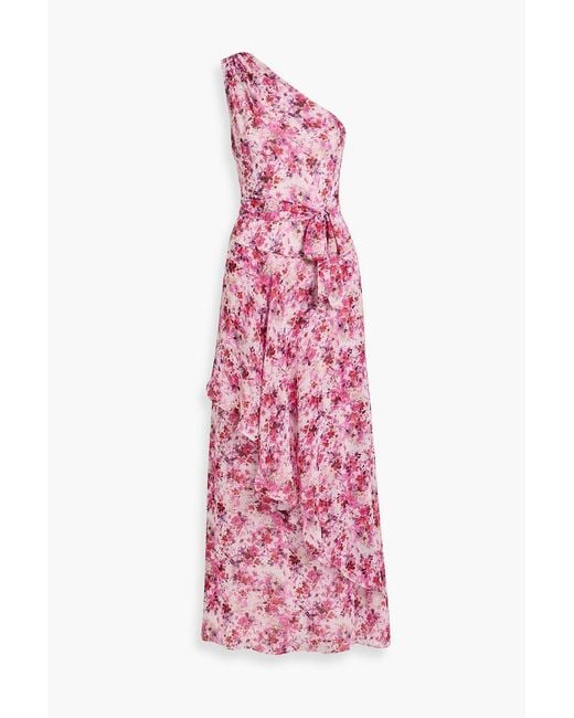 Mikael Aghal Pink One-Shoulder Floral-Print Chiffon Maxi Dress