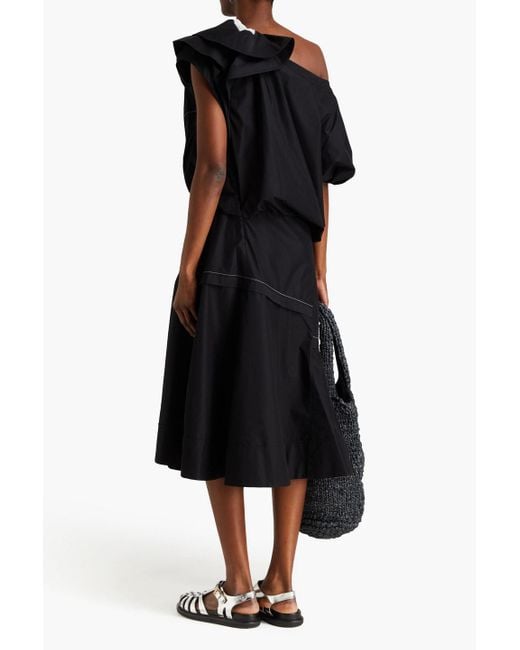 3.1 Phillip Lim Black One-shoulder Ruffled Cotton-blend Poplin Midi Dress