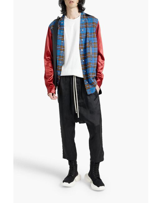 Rick Owens Blue Larry Satin And Crepe-paneled Checked Cotton-flannel Shirt for men