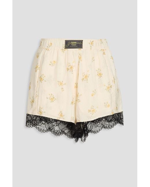 Ganni Natural Lace-Trimmed Floral-Print Satin Shorts
