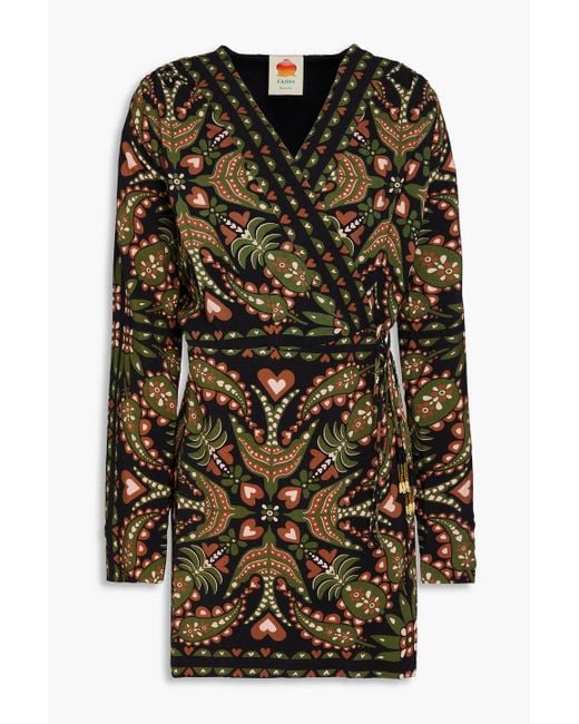 Farm Rio Black Printed Crepe Mini Wrap Dress