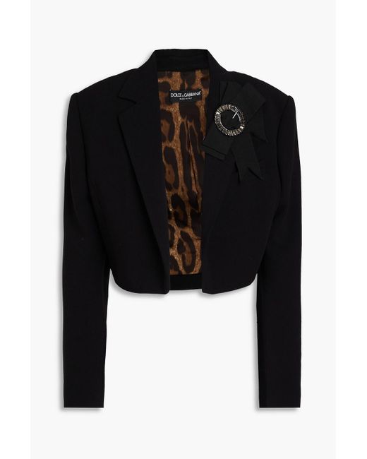 Dolce & Gabbana Black Cropped Embellished Wool-blend Crepe Blazer