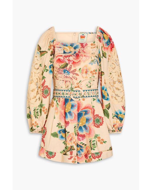Farm Rio Orange Guipure Lace-trimmed Floral-print Linen-blend Playsuit