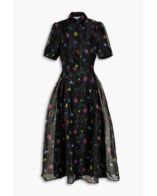 Olivia Rubin Black Peony Flared Floral-print Organza Midi Dress