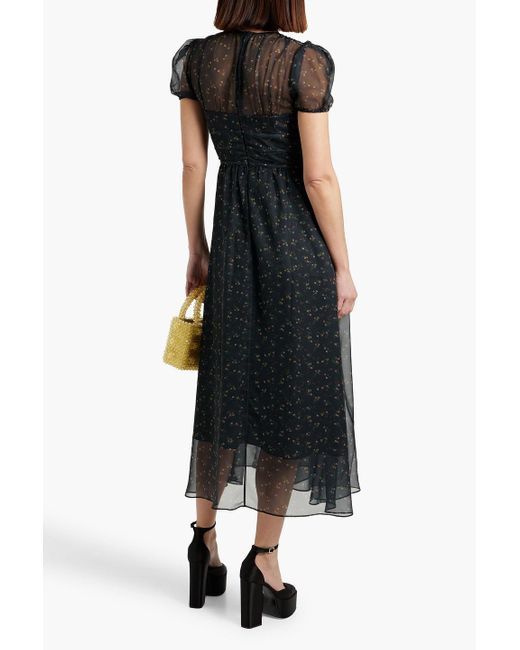 HVN Black Scarlett Layered Floral-Print Chiffon And Satin Midi Dress